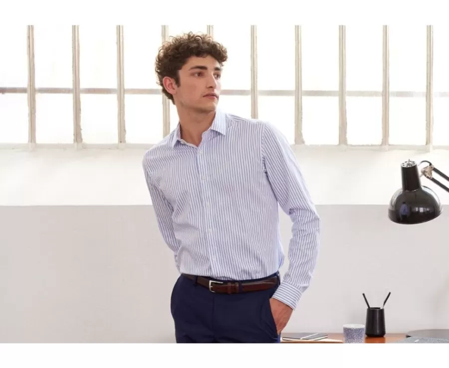 Sale Camisa blanca con rayas azules Léonel Camisas De Vestir | Corte Ajustado