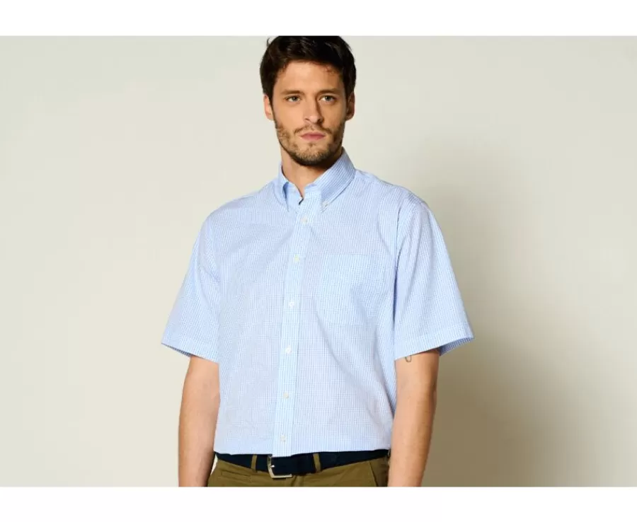 Online Camisa de algodón blanca con pequeños cuadros Azul claro Glenn Mc Camisas De Cuadros | Corte Estándar