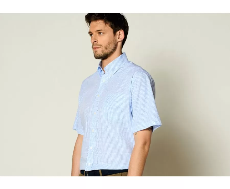 Online Camisa de algodón blanca con pequeños cuadros Azul claro Glenn Mc Camisas De Cuadros | Corte Estándar