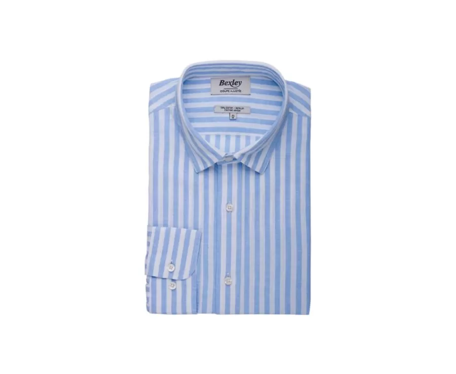 Sale Camisa de algodón y lino a rayas Celeste y Blanco Simonin Camisas De Rayas | Corte Ajustado Recortado