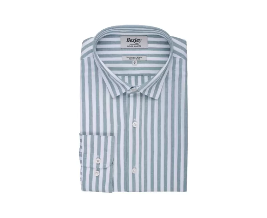 Fashion Camisa de algodón y lino a rayas verdes y blancas Simonin Camisas De Rayas | Corte Ajustado Recortado