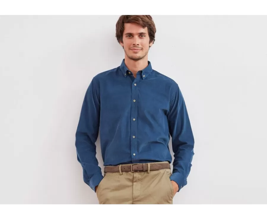 Fashion Camisa de terciopelo Azul vaquero - Cuello americano Wayne Camisas De Franela & Terciopelo | Corte Ajustado Recortado