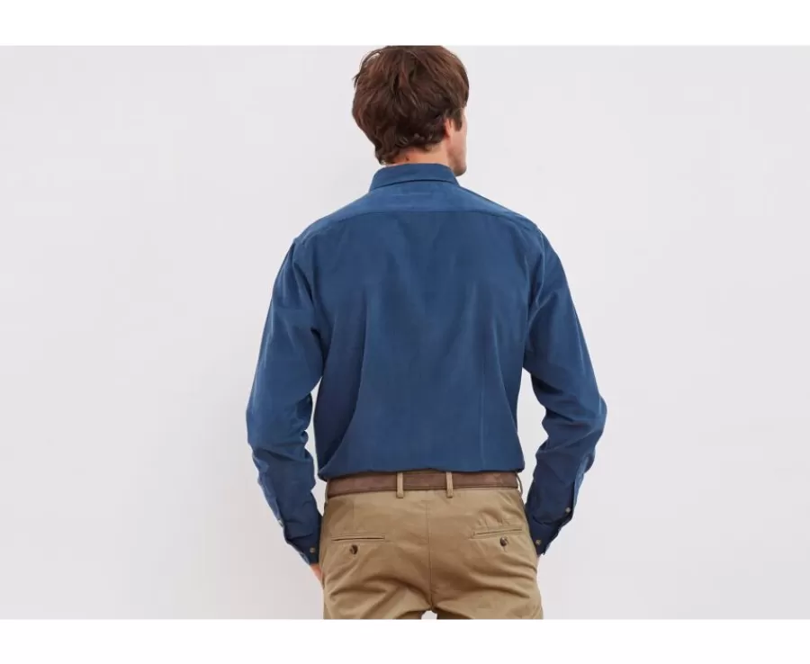 Fashion Camisa de terciopelo Azul vaquero - Cuello americano Wayne Camisas De Franela & Terciopelo | Corte Ajustado Recortado