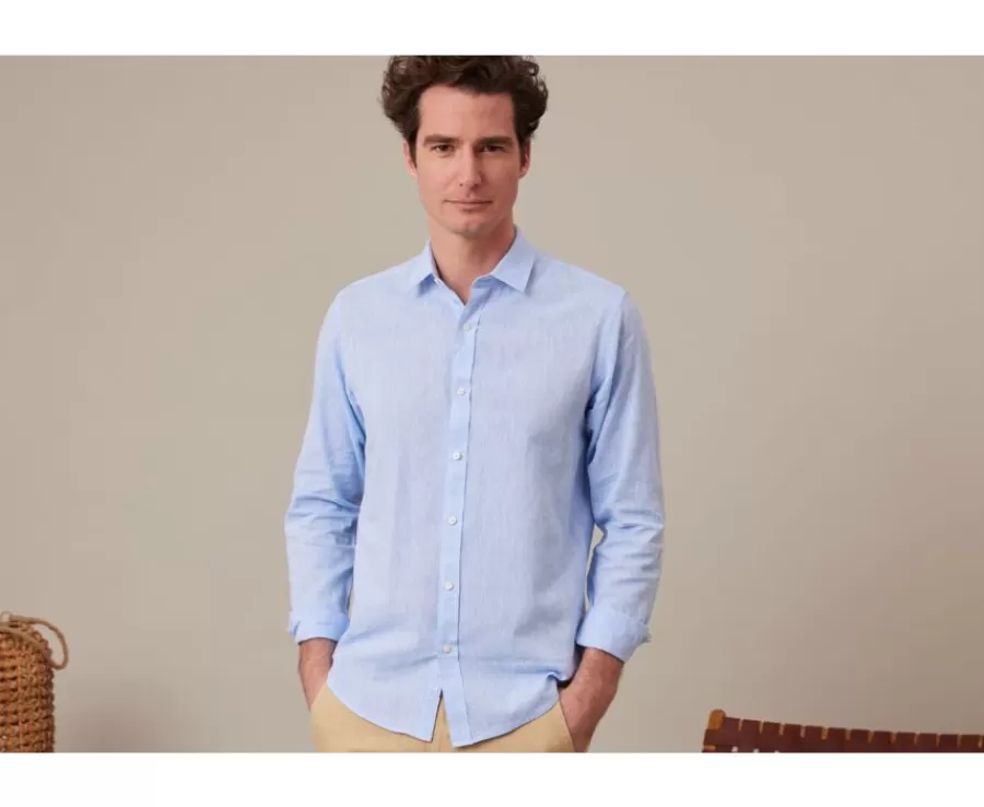 Cheap Camisa lisa de lino de algodón Chambray Azul Silbert Camisas De Boda | Corte Ajustado Recortado