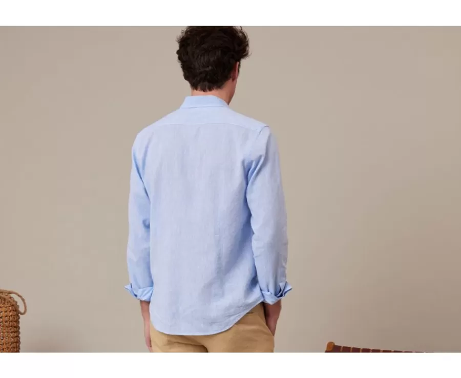 Cheap Camisa lisa de lino de algodón Chambray Azul Silbert Camisas De Boda | Corte Ajustado Recortado
