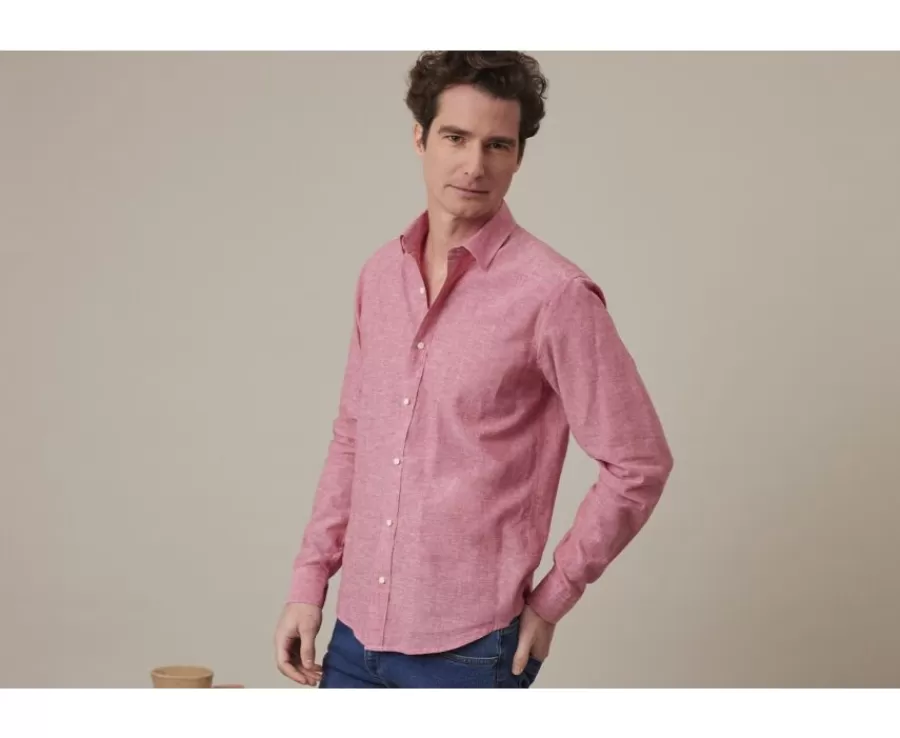 Clearance Camisa lisa de lino de algodón Chambray Rojo Silbert Corte Ajustado Recortado | Corte Ajustado