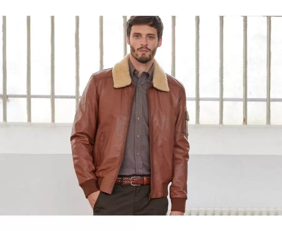 Best Sale Chaqueta bomber de cuero para hombre Coñac Everett Ii Cazadoras Y Chaquetas De Cuero