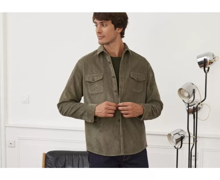 Store Sobrecamisa de terciopelo Verde militar - Cuello francés Victorin Camisas De Franela & Terciopelo | Corte Ajustado Recortado